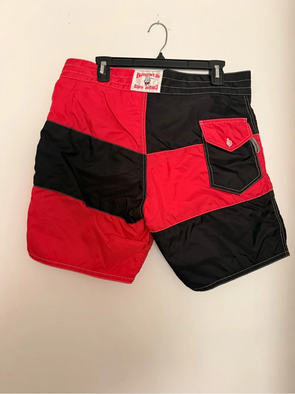Vintage Birdwell Beach Britches Red Black Board Shorts USA Size 35